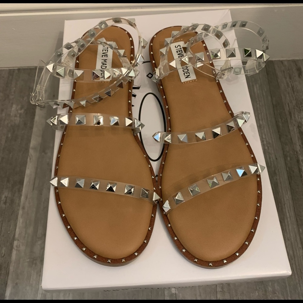 Steve Madden Women’s Travel Rock Studded Flat Sandals in Clear